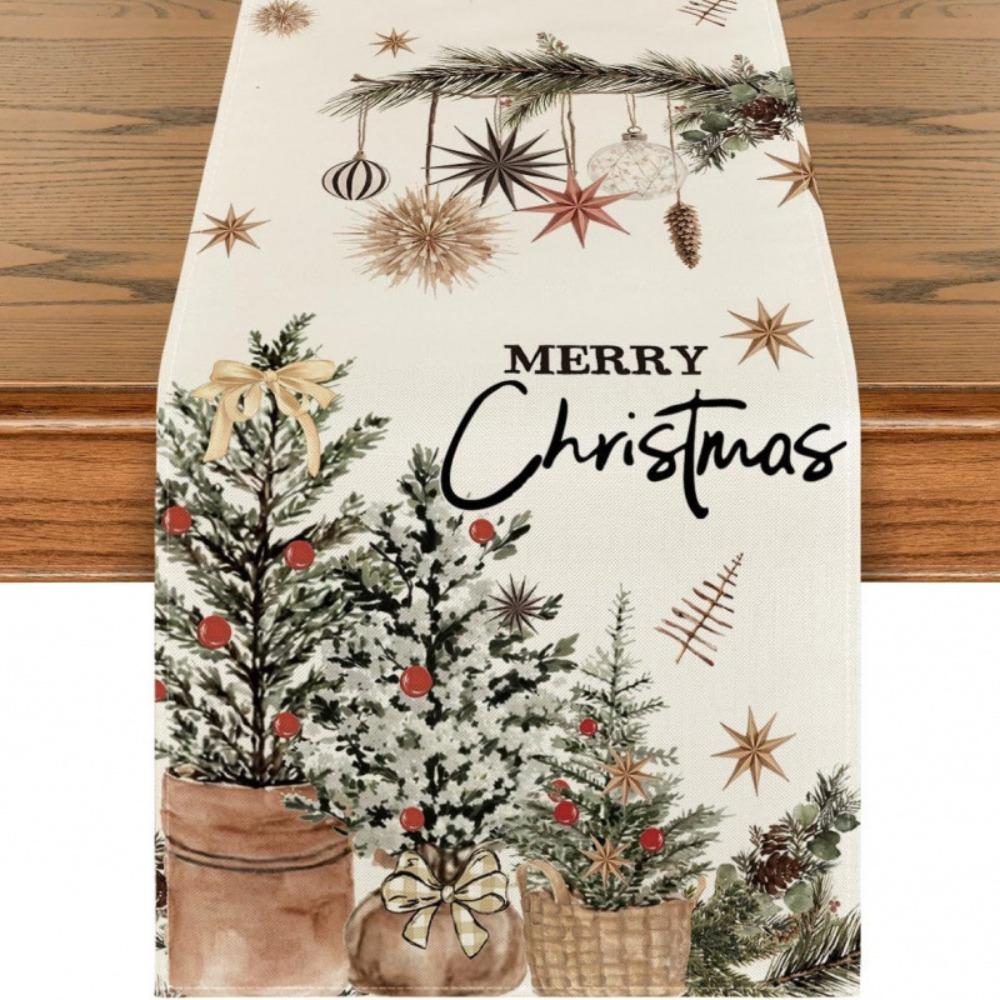 Festive Snowman Christmas Tree Table Runner Home Kitchen Dining Tablecloth for Party Decoration