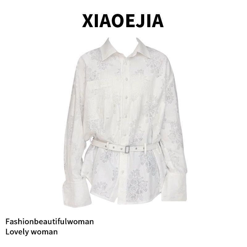 

Xiaoejia French Style Design Romantic Lace Belt Shirt Spring Loose Temperament Shirt White Tops Women Fale Old Money White S