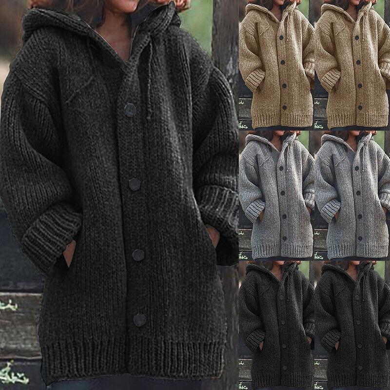 Super Cozy Plus Size Womens Hooded Knitted Cardigans Jumper Sweater Winter Jacket