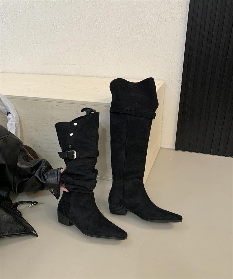 European and American style suede pointed thick heel over the knee boots women's autumn 2025 new belt buckle versatile and thin high boots