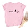 Wine Heartbeat Print T Shirt Women Short Sleeve Round Neck Summer Female Funny Tee Tops