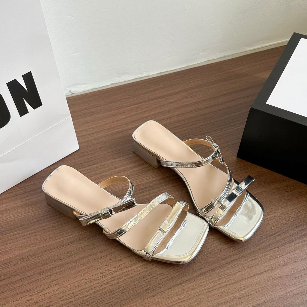 Fairy style bow outer wear 2025 new thick heel women's shoes spring and summer one-word sandals silver sandals square head