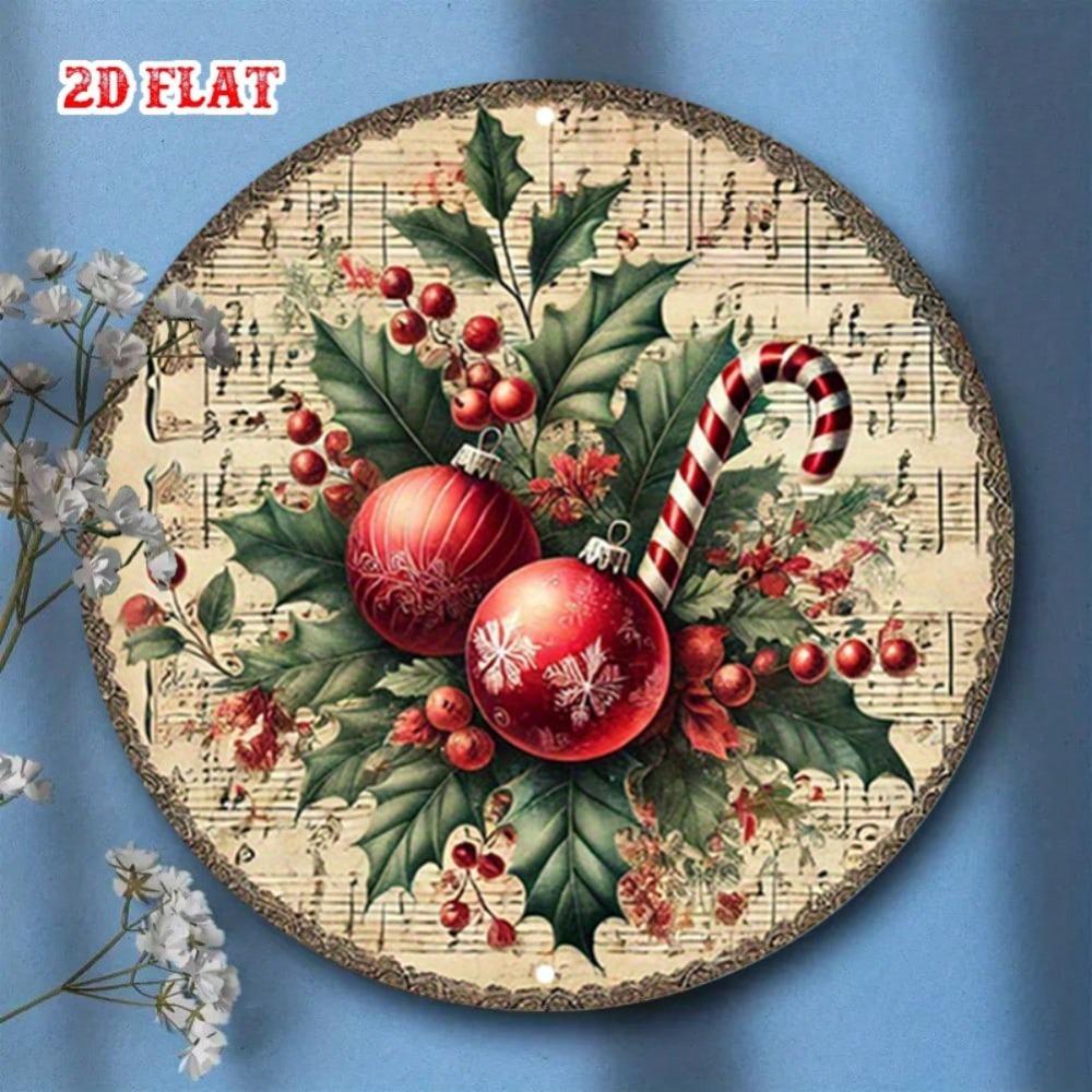 Vintage Christmas Metal Tin Sign Round Wall Art Rustic Holiday Decor