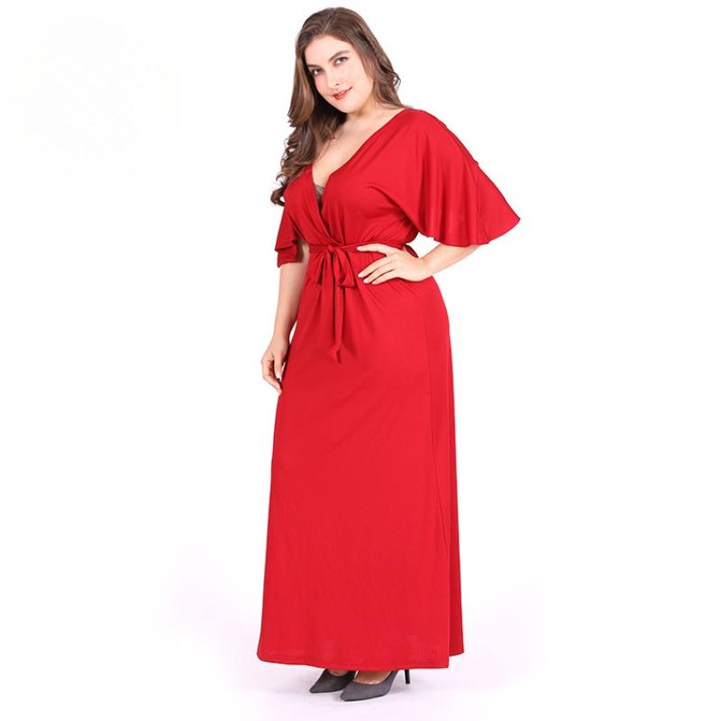 

Плюс Размер Женская мода Новое платье с рукавами-накидками Красное сексуальное платье с V-образным вырезом и юбкой XXXL красный