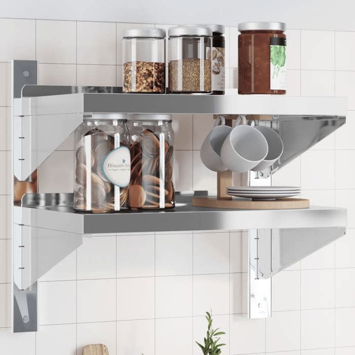 VidaXL 2-Tier Wall Shelf 50x30x60 Cm Silver Stainless Steel, Floating Shelf, Wall Display Shelf, 30316