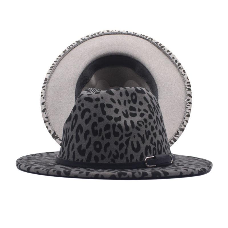 Autumn and winter British style men and women double-sided color matching leopard print woolen jazz hat new fashion belt big eaves hat
