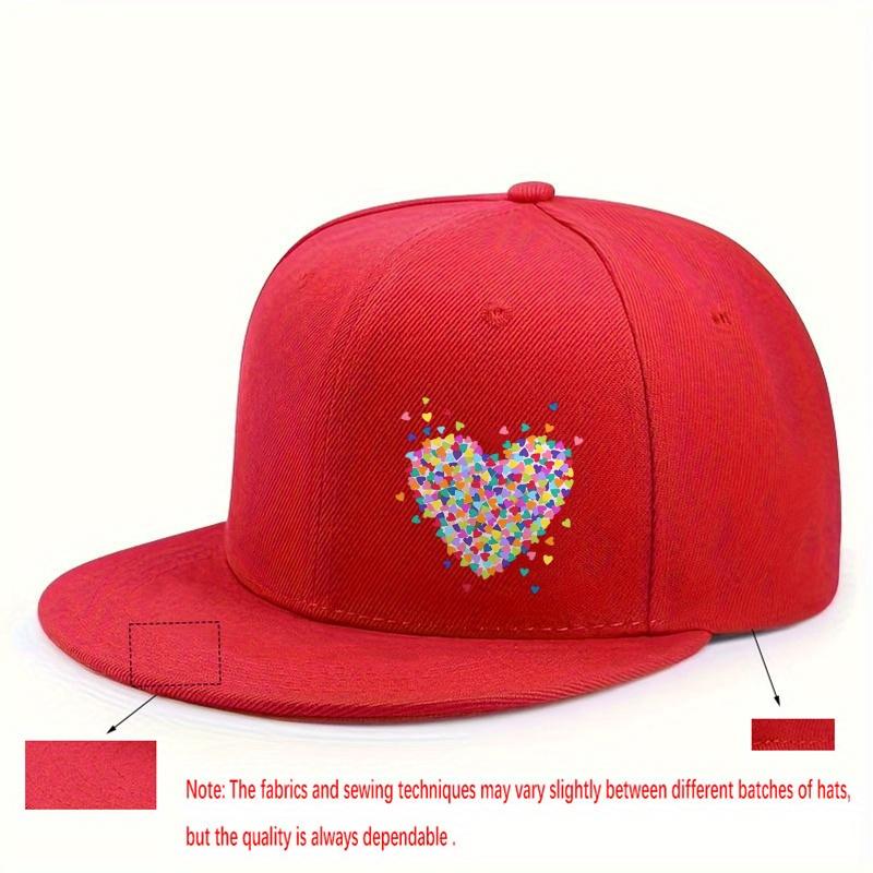 Colorful Heart Print Baseball Cap Polyester Unisex Flat Brim Snapback Streetwear Adjustable Casual Hat