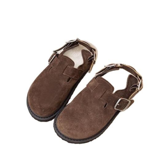 Cowhide Version of Boken Shoes Women's Bag Head 2025 Autumn and Winter New Retro One-word Buckle Warm Lazy Slippers Trendy Outside