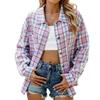 Spring and Autumn Jacket Women's Blouse Plus Size Lapel Long Sleeve Pocket Button Plaid Shirt