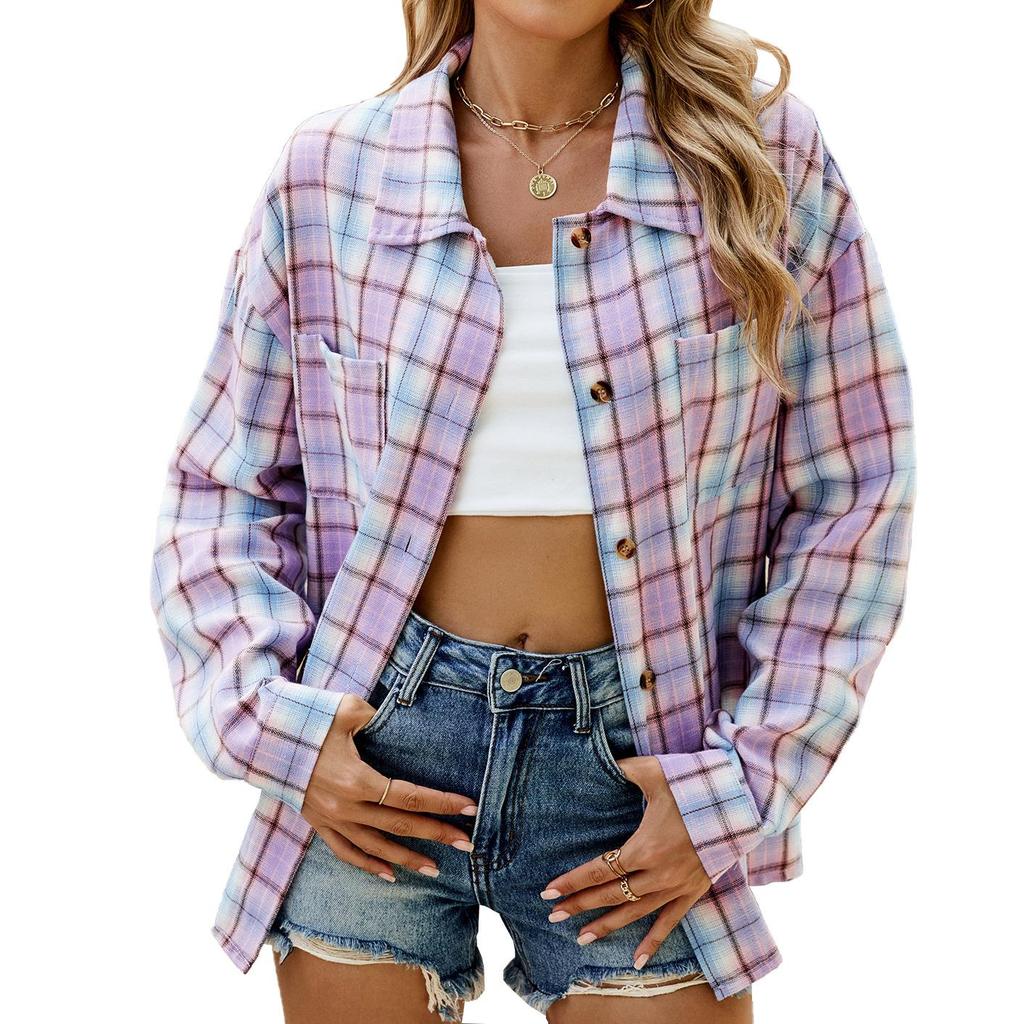 Spring and Autumn Jacket Women's Blouse Plus Size Lapel Long Sleeve Pocket Button Plaid Shirt