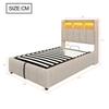Letto imbottito 90*200cm con illuminazione LED e porta USB, testiera con mensole e spazio contenitore, letto singolo per bambini, beige lino