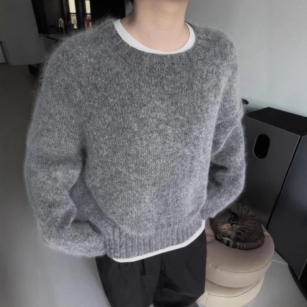 2025 Women's Pure Wool Thickened Round Neck Sweater - Autumn/Winter Solid Loose Knit Base Layer Cashmere Sweater