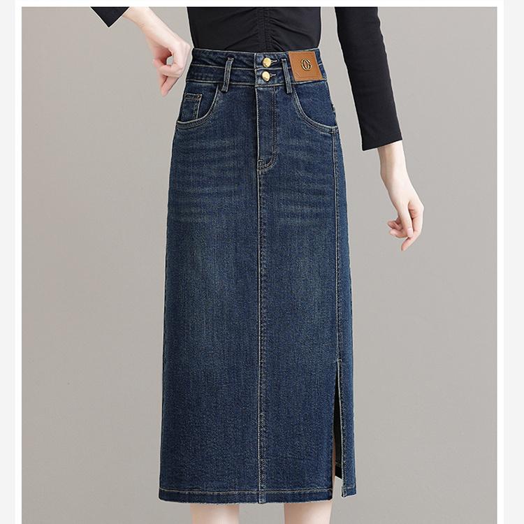 

Новая женская джинсовая юбка средней длины на резинке с высокой талией, выше колена, с разрезом, облегающая бедра, стройнящая, А-силуэта, для весны и осени XXXXL