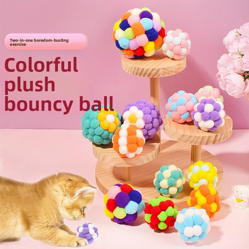 Colorful Plush Bell Ball Cat Toy - Fun and Scratchable Plush Balls for Solo Play with Cats.