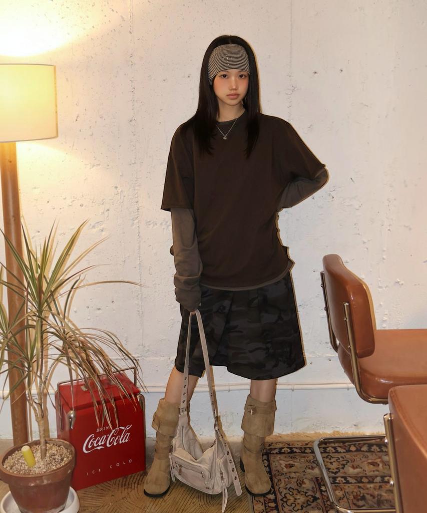 SUPERSUB [Set] Vintage Color Block Layered Long Sleeve T-Shirt Set - Brown/Dusty Gray