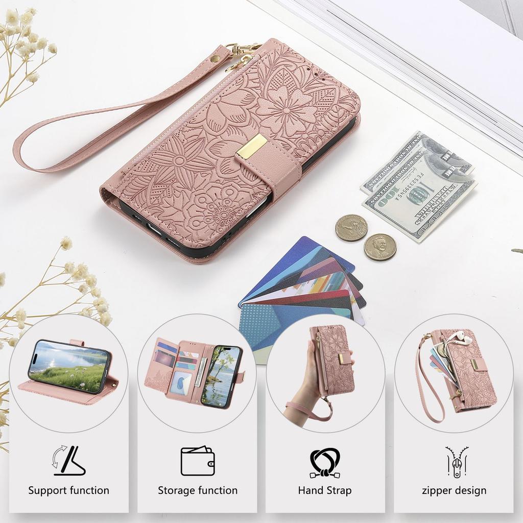 Floral Embossed Leather Wallet Flip Case for OPPO A6 A6X A6T A6S A6C A5 A5X A3 A3X A1 Pro 4G 5G Card Slots and Wrist Strap Cover