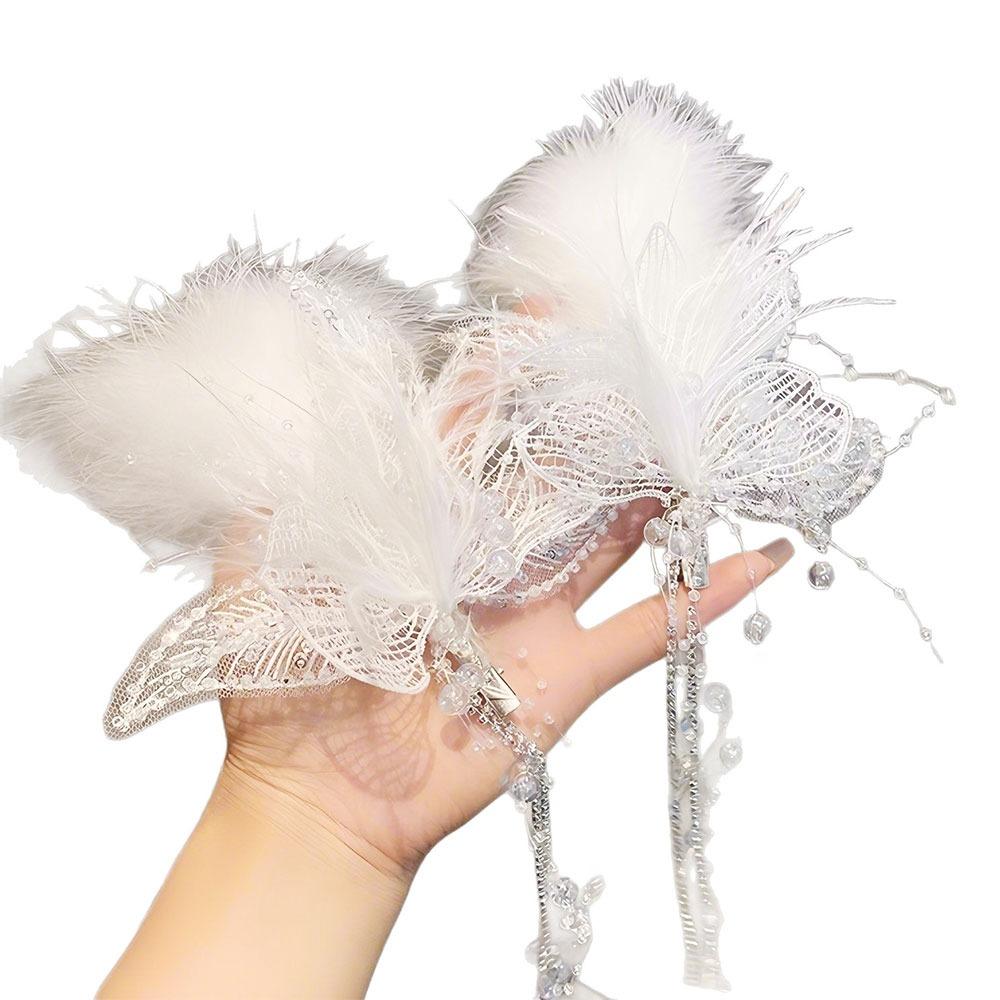 1 Pair White Butterfly Tassel Hair Clips Butterfly Butterfly Tassel Crystal Beads String Hair Clips Crystal Beads Tassel