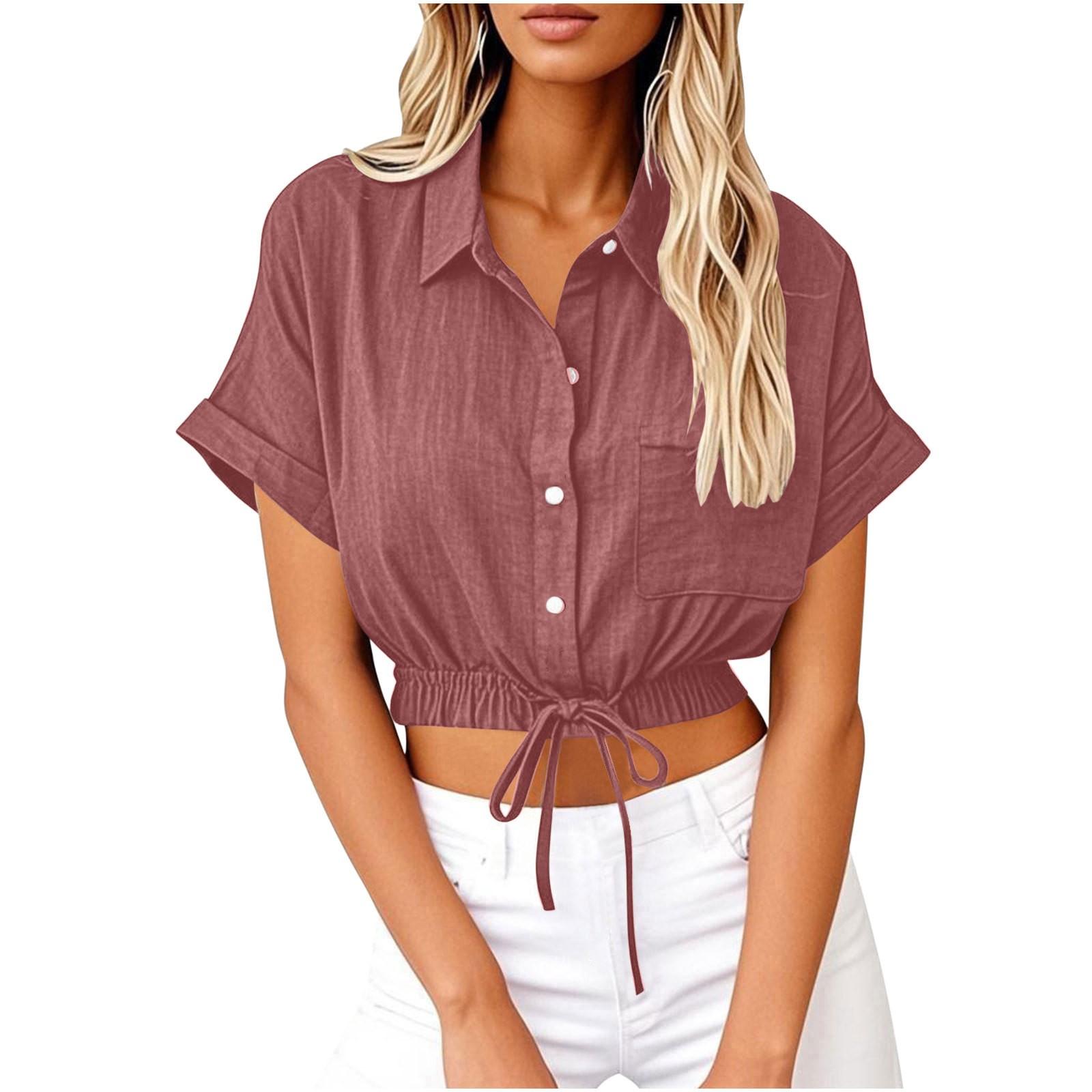 

Women s Summer Casual Drawstring Button Cardigan Shirt Color Cotton Blouse L