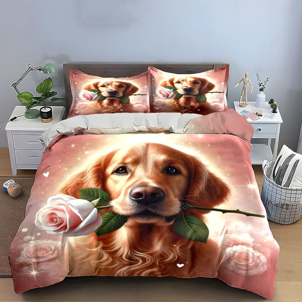 Golden Retriever with Rose Bedding Duvet Cover Set (1*Duvet Cover 2*Pillowcases, without duvet insert)