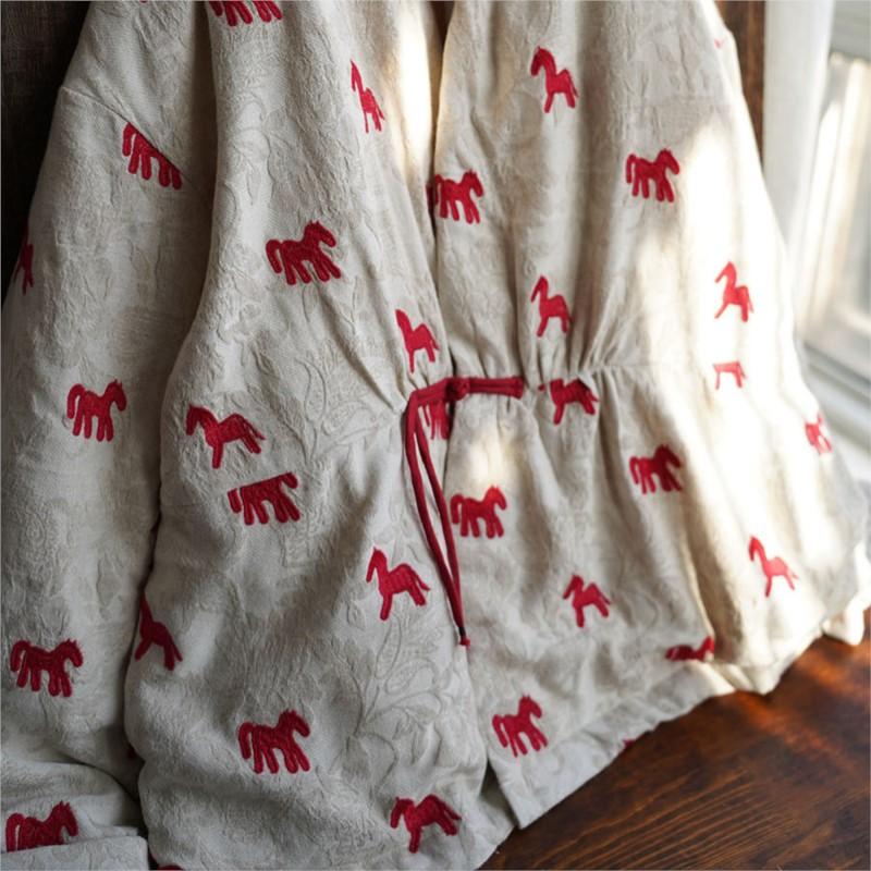 Johnature Women Vintage Jacquard Coats Spring Chinese Style Print Horse V-Neck Long Sleeve Coats