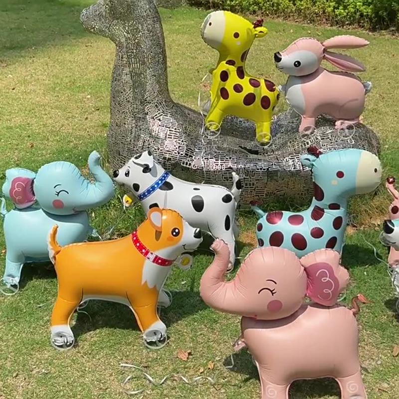 4D Dinosaur Dog Cat Standing Foil Balloons Animals Walking Balloon with Wheel for Kids Birthday Party Decoration Baby Shower