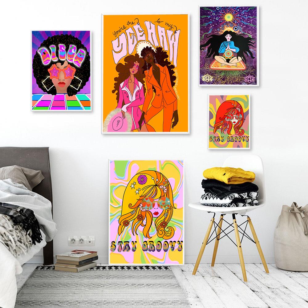 Böhmisch Retro Psychedelisches Poster 60er 70er Disco Bunt Leinwandmalerei Abstrakt Yoga Pose Wandbild Wohnzimmer Heimdeko