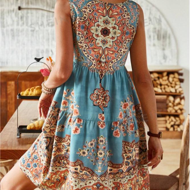 Summer Printed Sleeveless V-neck Vest Dress, Fashionable Vacation Printed Dress for Women