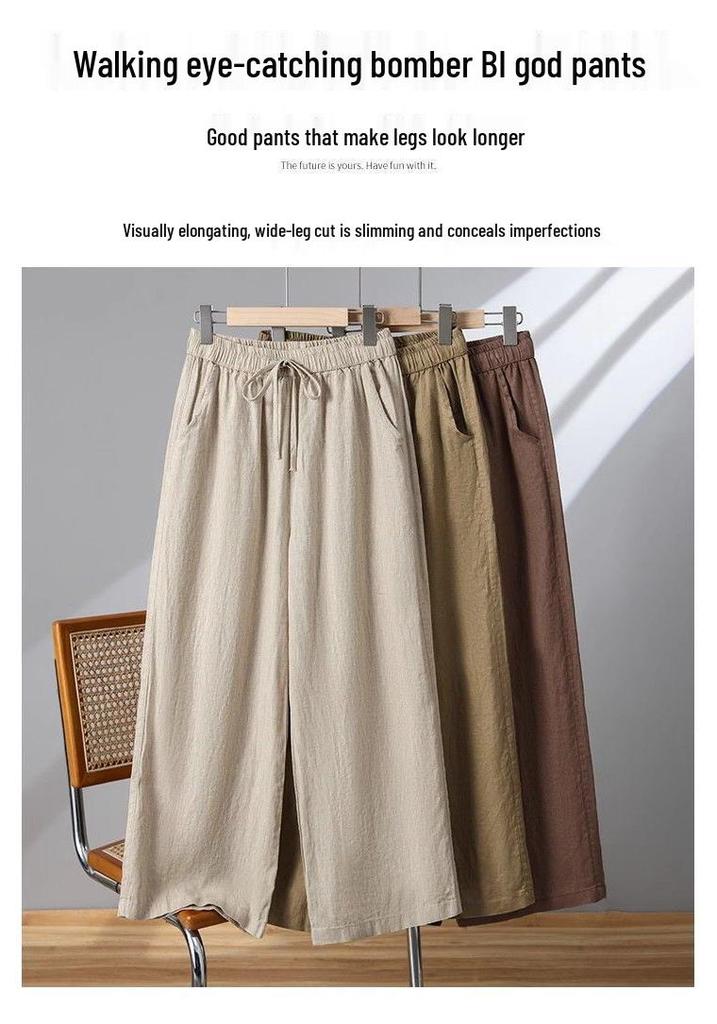 Hohe Taille Baumwolle Leinen Damen Weite Beine Verkürzte Hosen - Koreanischer Stil, Große Größen, Kordelzug, für Frühling, Sommer, Herbst