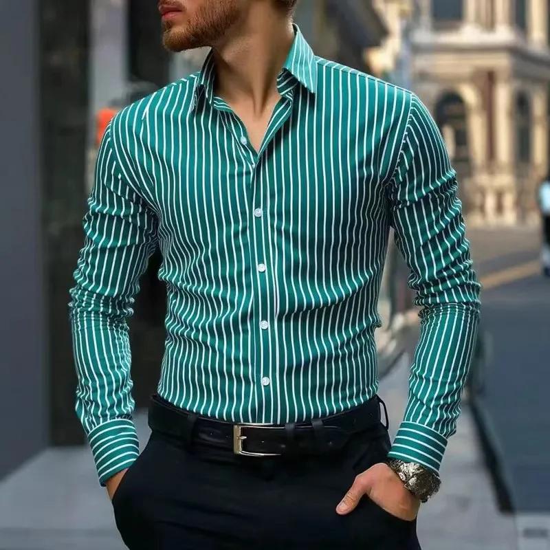 Spring Autumn Men Clothes Long Sleeve Stripe Shirt Men Business Casual Lapel Button Shirt Tops