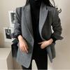Jachetă Blazer Vintage Coreeană de Primăvară și Toamnă cu Rever, Două Nasturi, Croială Largă, Mânecă Lungă, Model Herringbone pentru Femei