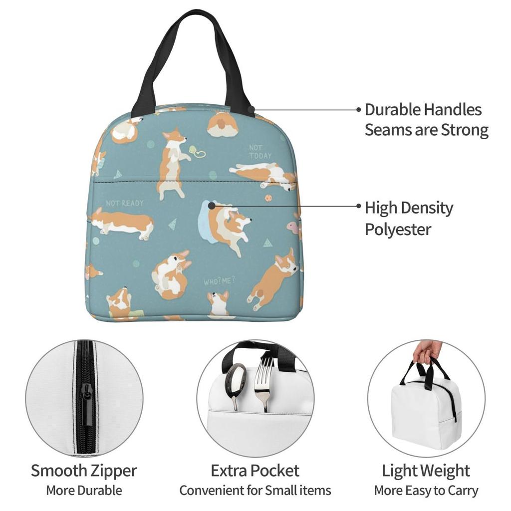 Corgi Puppy Lie Down In Blue Background Insulated Lunch Bag for Kid Cooler Thermal Food Box Tote Leakproof Lunch Boxes Container