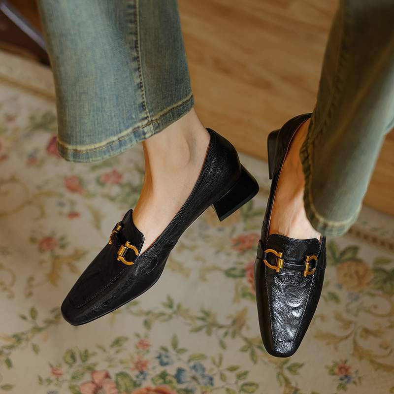 Krazing Pot Sheepskin Round Toe Chunky Heels Autumn Summer Shoes Slip On Women Retro Fashion Pumps