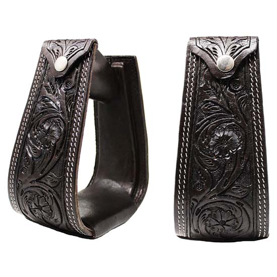 High Quality Horse Western Stirrups Saddle Tack Floral Handmade Tooled Leather Covered Pair