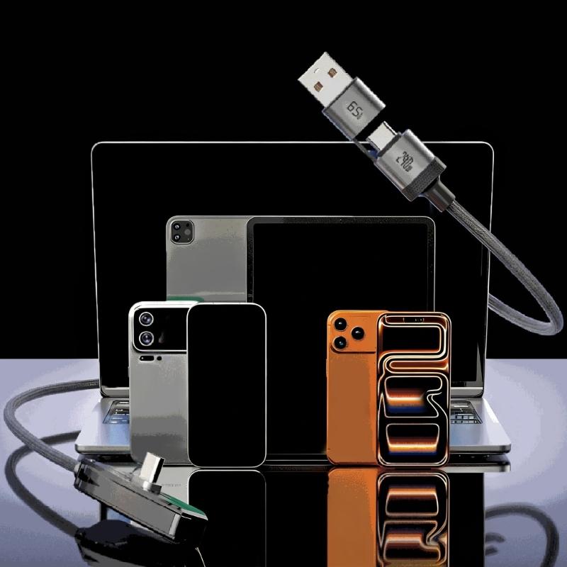 240W Fast Charging Type C & USB 65W 2 In 1 Braided Cable With Invisible Bracket For Phones Tablets Laptops Gaming