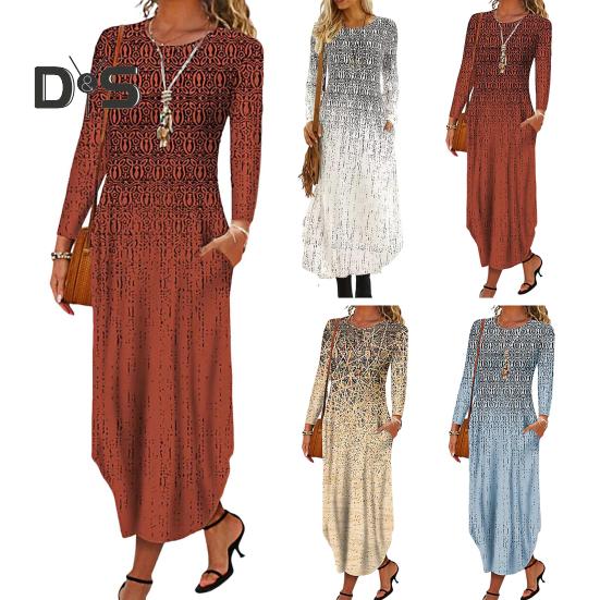 Podzim Jaro Dámské šaty O-výstřih s kapsami Dlouhý rukáv A-linie Tisk Volné Nepravidelný lem Rande Dojíždění Maxi šaty