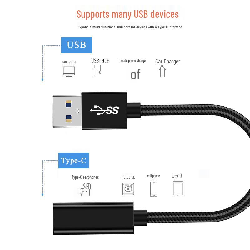 Type-C Female to USB Male OTG Adapter Cable for Phones & Tablets