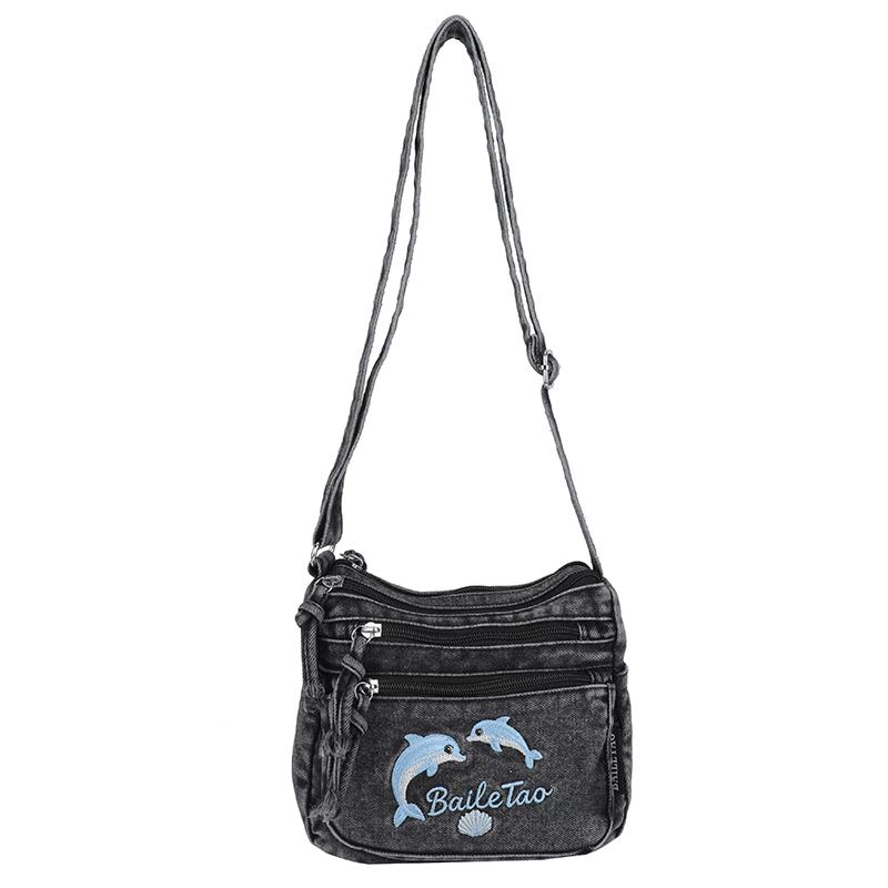 Vintage Denimtasche Damen Mehrschichtig Kleine Tasche Bestickt Schulter Crossbody-Tasche