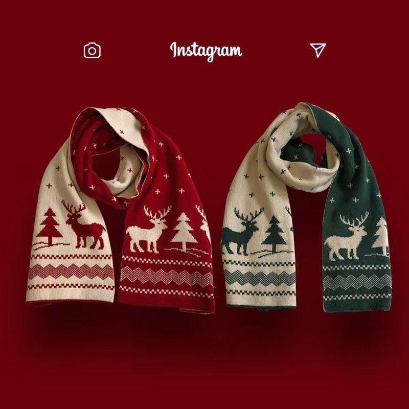 New Christmas tree knitted scarf female autumn and winter warm versatile student couple Christmas gift green wool scarf