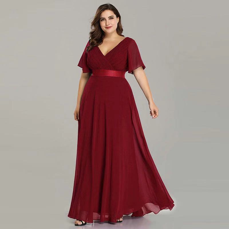 Summer Spring V Neck Flared Sleeve Chiffon Dress Elasticity Plus Size Evening Gown Hand Pleated A Line Bridesmaid Dress