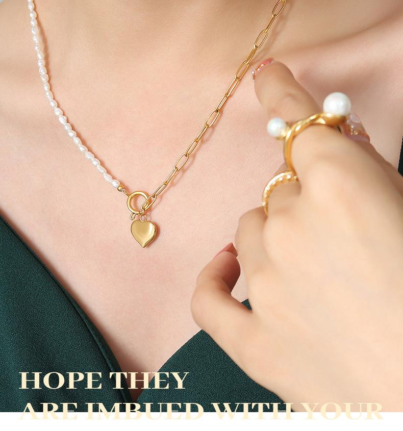 Elegant Heart Pendant Necklace with Natural Freshwater Pearl and Clavicle Chain