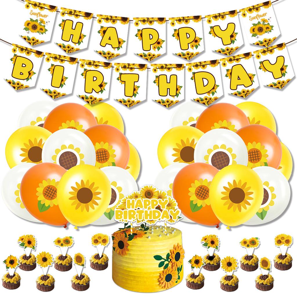 Sunflower Theme Birthday Party Decoration Supplies Set Contains Birthday Banner Cake Insert Card and Latex Balloons