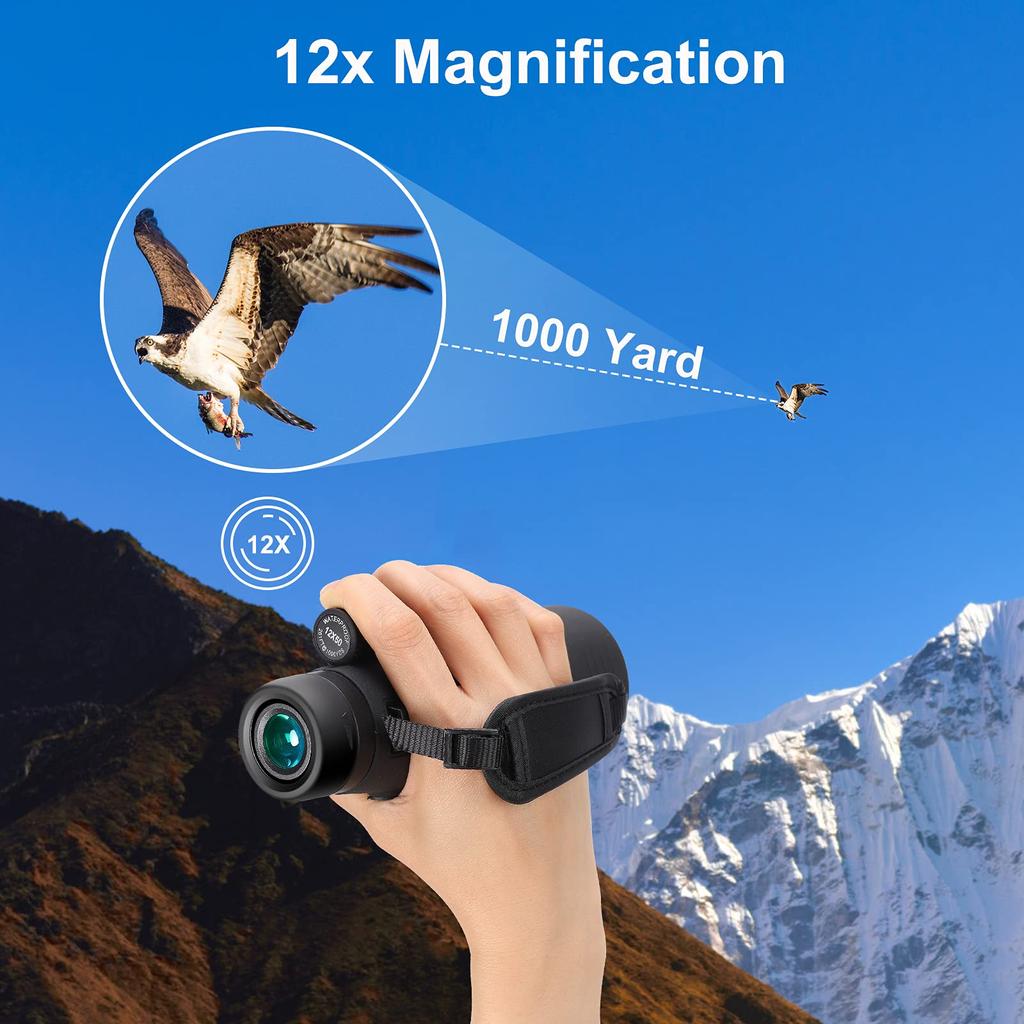 SENMONUS 12x50 Waterproof Monocular Telescope with Quick Smartphone Holder & Tripod, High Magnification Monocular with Hand Strap, Compact Monocular
