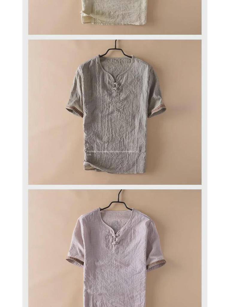 Herren-T-Shirt aus geknöpftem Leinen mit V-Ausschnitt und kurzen Ärmeln