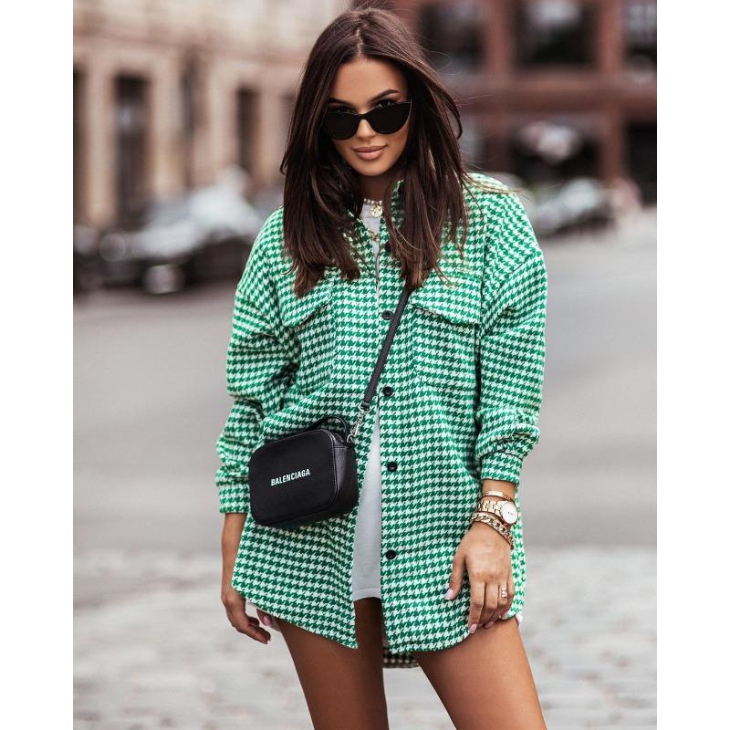 JKASHDK Damenmode Lässig Frühling Herbst Hahnentrittmuster Langarm POLO-Kragen Blusen & Hemden