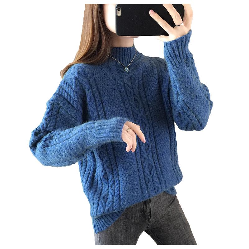 Women's High-Neck Cable Knit Sweater, 2021 Loose Fit Korean Style for Autumn and Winter