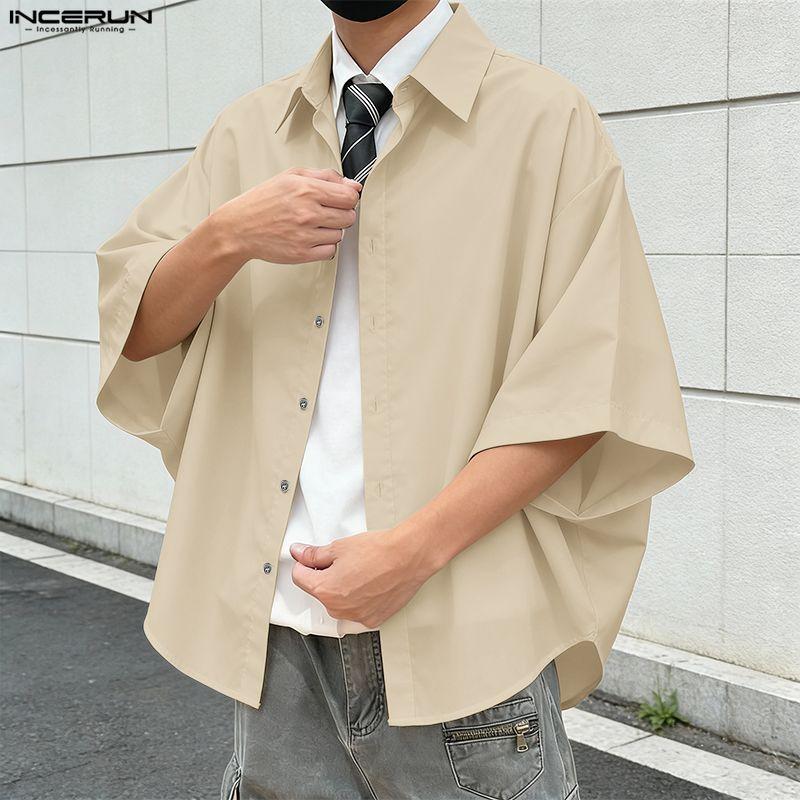 INCERUN Oversized Men Lapel Neck Half Sleeve Solid Buttons Casual Shirts Tops