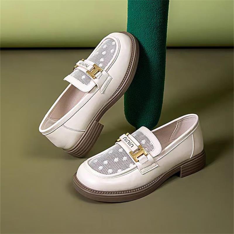 2025 new thick heel summer thin small leather shoes women's mesh breathable casual loafers one-pedal work shoes