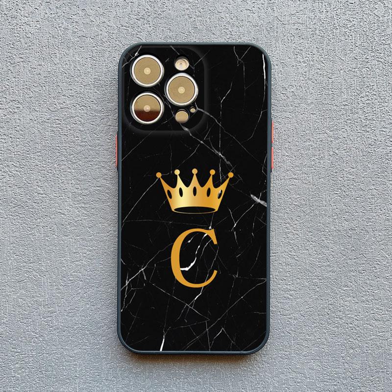 Crown Letter A To Z Phone Case For Iphone 16 13 14 15 Pro Max 11 12 8 7 Plus SE20 X XR XS Marble Pattern Black Shockproof Cover