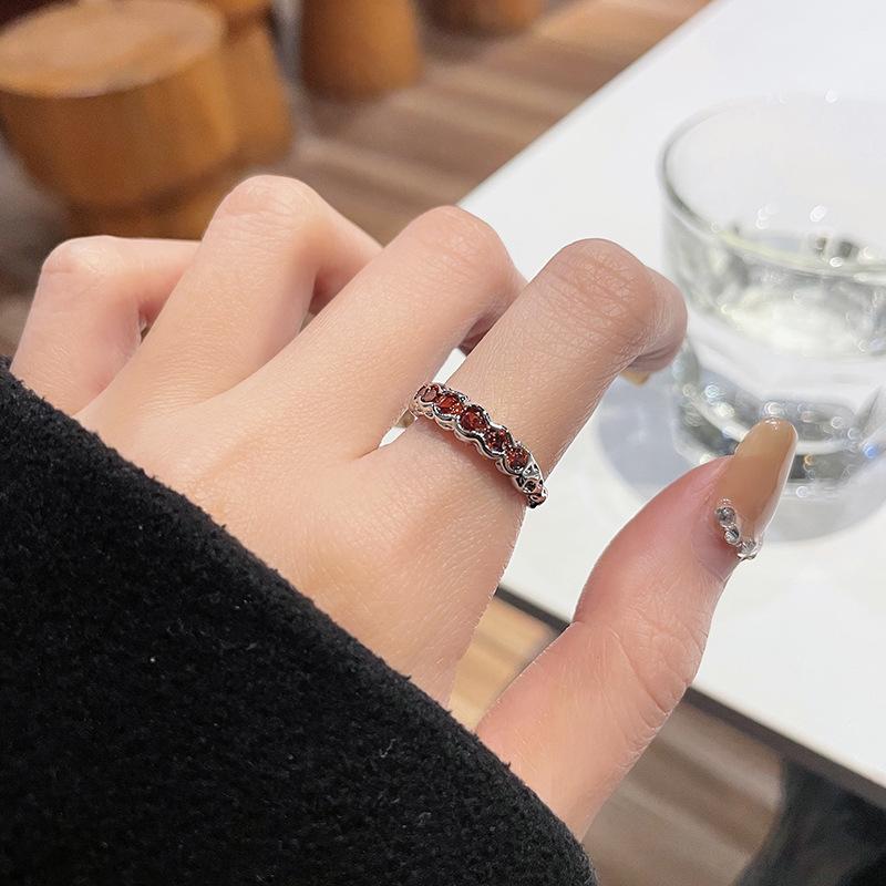 Red Zircon Ring Stacked With Simple French Personality Niche Design Advanced Cold Wind Index Finger Open Ring Woman