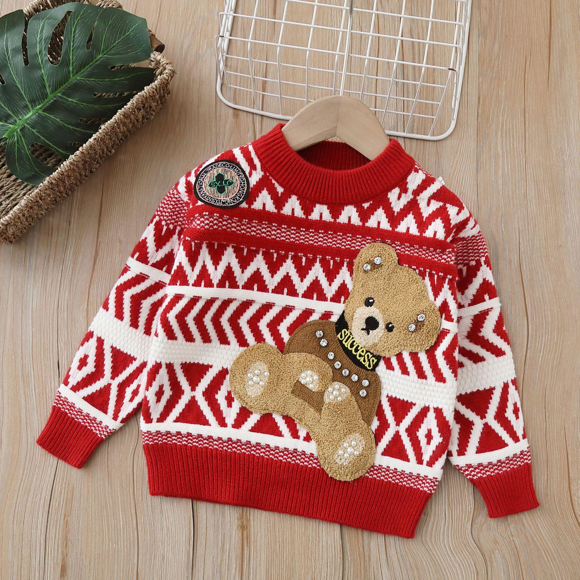 

Детский свитер, осень/зима 2023, новый трикотажный свитер унисекс с мультяшным медведем 130cm красный